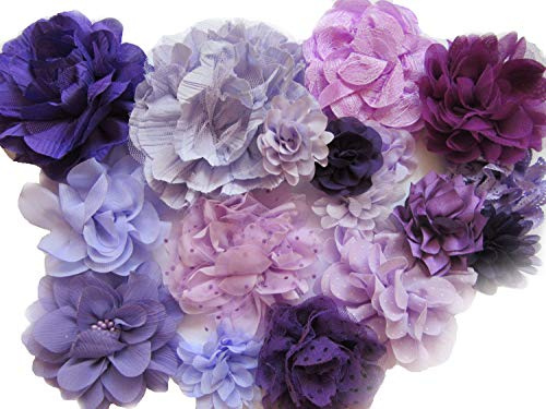 YYCRAFT 15 st lila/lavendel chiffong spetshår blomma för flickor pannband baby blommor rosetter, hantverk, festdekoration (5 cm - 11 cm)