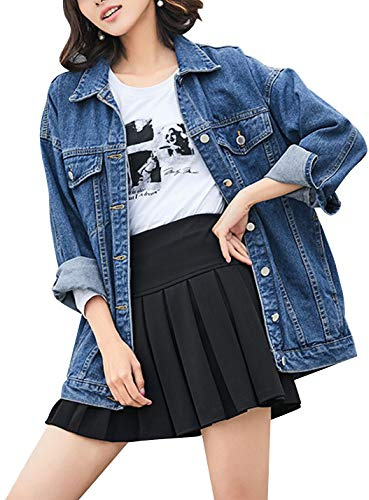 Omoone Women's Oversized Mid Long Denim Jacket Jean Biker Coat(0199-Dark Blue-M)