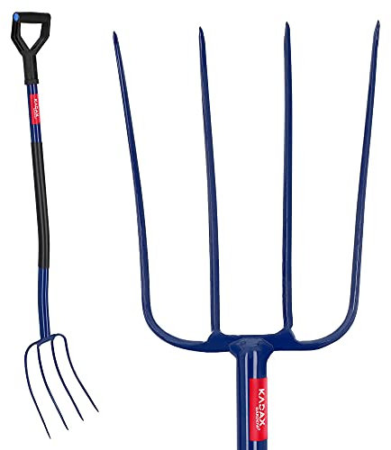 KADAX Fourche à foin avec Manche en Métal, Fourche en Acier Fourche à Creuser avec Poignée en D, Fourche de Jardin, Fourche à fumier, Fourche à Pêche (4 Dents)