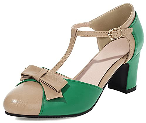 Gicoiz Women Classic T Strap Closed Toe Sandals Brogue Vintage Mary Jane Basic Wedding Shoes Bow Sequins Dress Green Size 7-41