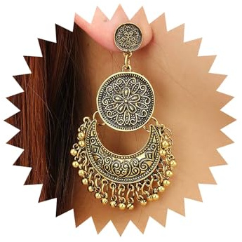 TseenYi Boho Étnico Gitano Aretes Vintage Media Luna Bola Borla Aretes De Oro Disco Candelabro Borla Aro Pendientes Colgantes Para Mujeres Y Niñas Regalos