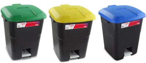 Tayg Pack 3 Cubo Basura Cocina con Pedal - Cubos de Basura Reciclaje 50l, Papelera Cocina con Pedal, Cubo Basura Hosteleria, Papelera Reciclaje, Basurero Cocina (50 litros, Verde, azul y amarillo)