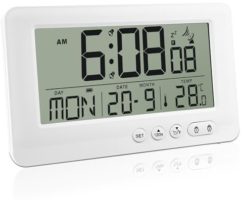 BAIFULAI Funkwecker Digital mit Batterie, LCD Display Wecker Digital, Wecker ohne Ticken mit Snooze 12/24 Stunden Datum Temperaturanzeige und 2 Weckzeiten für Schlafzimmer Home Office Reisen(Weiß)