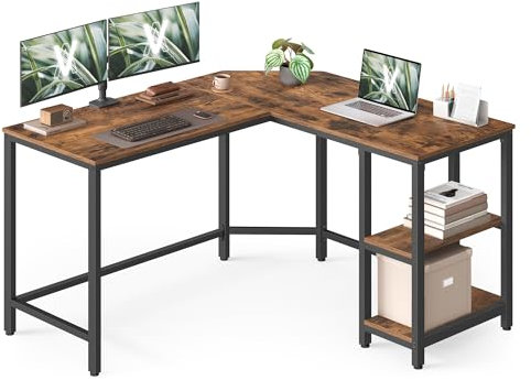 VASAGLE Schreibtisch, L-förmiger Computertisch, 120 x 130 x 76 cm, Eckschreibtisch mit 2 Ablagen, platzsparender Bürotisch, Homeoffice, Gaming, vintagebraun-tintenschwarz LWD123K01