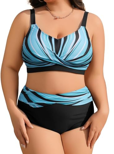 heekpek Maillot de Bain Femme 2 Pieces Grande Taille Bikini Taille Haute Col en V Maillot de Bain Ventre Plat Femme Push Up Rembourré Ensembles Maillots Deux Pièces, Bleu Noir, 3XL