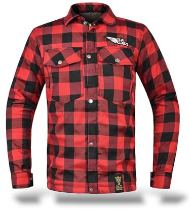 TLA GRID chemise de moto avec protections, veste en flanelle à carreaux avec renforts en aramide, unisexe pour Homme et Femme, veste vintage pour scooter, avec fermeture éclair et boutons, Rouge, S