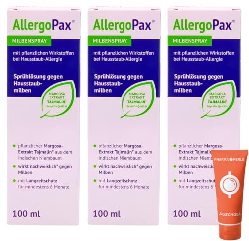 AllergoPax Milbenspray 3x 100 ml I Sprühlösung gegen Hausstaubmilben I mit pflanzlichen Wirkstoffen bei Hausstaub-Allergie I Für Matratzen und Textilien I Spar-Set plus Pharma Perle give-away