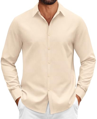 COOFANDY Camicia Casual Camicia da Uomo a Maniche Lunghe in Cotone Sportiva con Bottoni Business Beige L