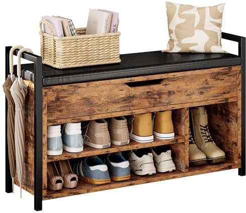 IRONCK Schuhbank mit Sitzfläche, Sitzbank mit Stauraum, Schuhschrank,100x30x62cm, 3 offene Fächer, Kunstleder, 130kg belastbar, Schuhregal für Eingang,Flur,Wohnzimmer,Schlafzimmer (Vintagebraun)