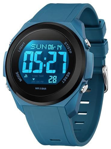 findtime Digital Sports Watch with 7-Color LED Backlight Countdown 5ATM Waterproof Watch Outdoor Military Watches for Men Women Calendar Display Alarm Electronic
