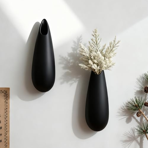 GDSZJLJ Black Ceramic Wall Vases, Set of 2, 12 Inch, Teardrop Design