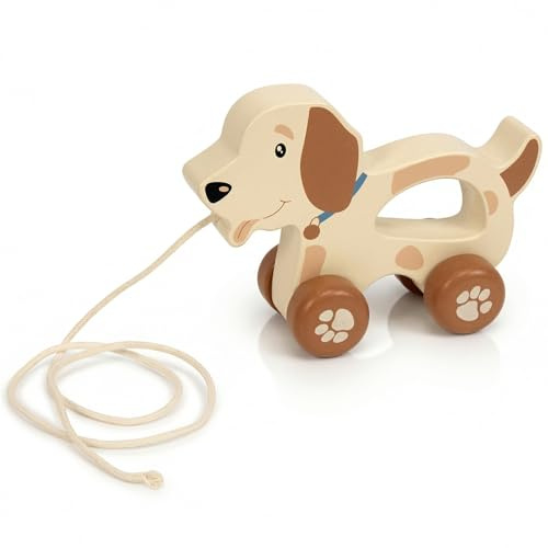 WoodenEdu Baby Toys Car,Wooden Pull Along Toddler Toy, Developmental Toy for 1 Year Old Girl Boy Birthday Gift (Cute Dog)