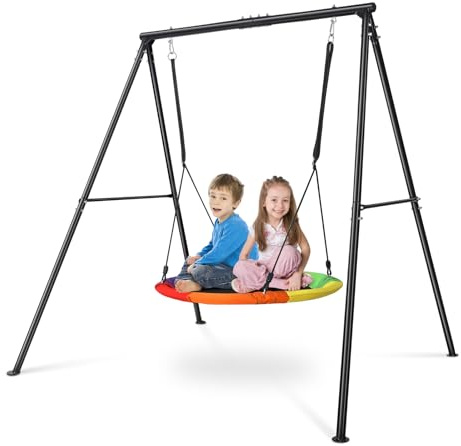 Set di altalena con piattino da 104 cm con telaio ad A resistente, capacità di peso di 119,7 kg, piattaforma in tessuto Oxford 900D impermeabile con corde regolabili, sedile sicuro e durevole per