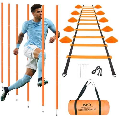 ND Sports Platinum Agility Training Kit – 6m Ladder, Slalom Poles, Training Cones, Jump Rope & Carry Bag | Complete Football Training Equipment for Kids & Adults | Speed & Agility Set (Orange)