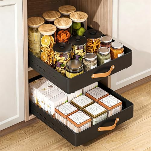Bandeja telescópica profundidad ajustable 41-60cm x ancho 25cm x alto 7,8cm | cajones extraíbles, organizador deslizante de metal, sin taladros, estantes de almacenamiento para cocina baño (negro)