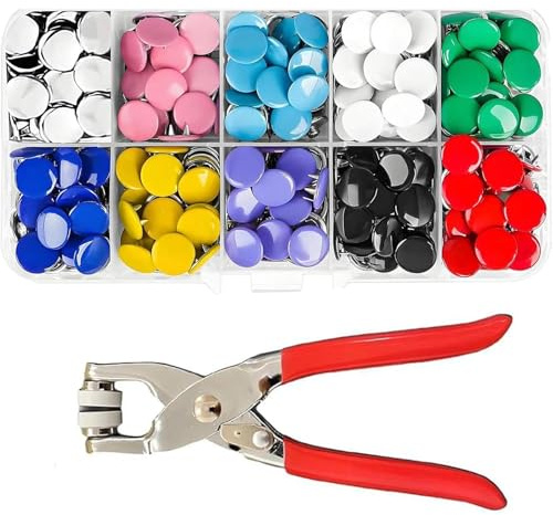 100 Sets Solid Color Snap Fasteners Kit with Metal Pliers and Storage Box, 9.5mm Press Studs Poppers No Sew Buttons for DIY Crafts Clothing Bags Repair