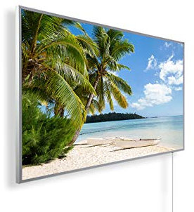 Infrarotheizung mit Bild – Bildmotiv – TÜV SÜD - 600 Watt Bildheizung - Weißer Rahmen (40. Insel Palme)