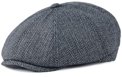 VOBOOM Men Wool Blend 8 Panel Newsboy Cap Herringbone Cabbie Flat Tweed Hat (Herringbone Grey)