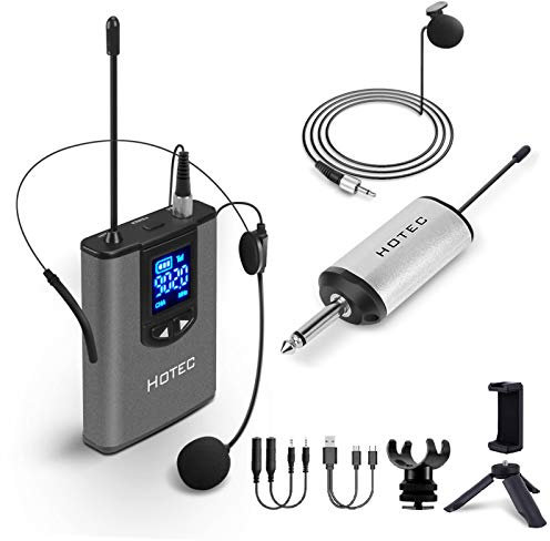 Hotec UHF Kabelloses Headset Mikrofon/Lavalier-Mikrofon mit Bodypack-Transmitter und Mini-Empfänger 6,35 mm Ausgang, für Live-Auftritte, unterstützt Telefon