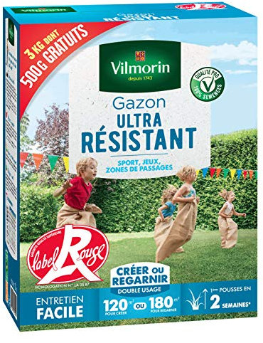 Vilmorin- Gazon Ultra résistant Label Rouge - Premières pousses dès 2 semaines - pour Créer Un Nouveau Gazon/regarnir Un Gazon Ancien - 3 kg Dont 500 g Gratuit