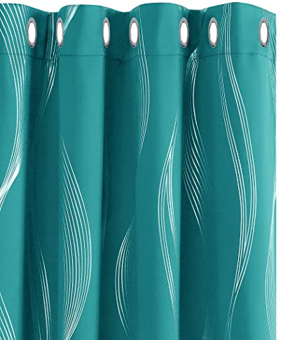 Deconovo Super Soft Thermal Insulated Blackout Curtains Eyelet Curtains Silver Wave Line Foil Printed Curtains for Kids Bedroom 46x54 Inch Turquoise 2 Panels