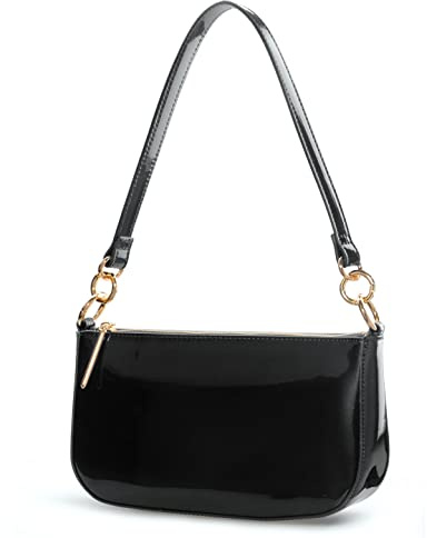 HOXIS Sac à bandoulière brillant en faux cuir verni pour femmes, pochette brillante, sac à main des années 90, noir