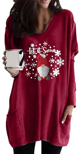 EFOFEI Femme Robe Pull Cadeau de Noël Robe Sweat à Imprimé Jumper Automne Hiver Haut à Motif Bonhomme de Neige Père Noël Bourgogne L