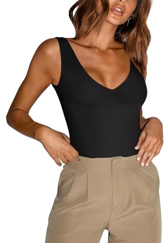 REORIA Women's Summer Sexy Plunge Deep V Neck Sleeveless Double Lined One Piece Tank Tops Thong Bodysuits Leotards for Going Out Black Large