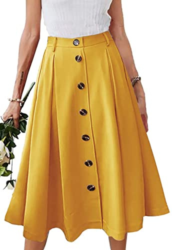 JayscreateEU Gonna da donna midi Gonna lunga a vita alta, lunghezza al ginocchio, linea A, con tasche, gonna estiva con pieghe maxi gonna autunnale con frange, giallo., L