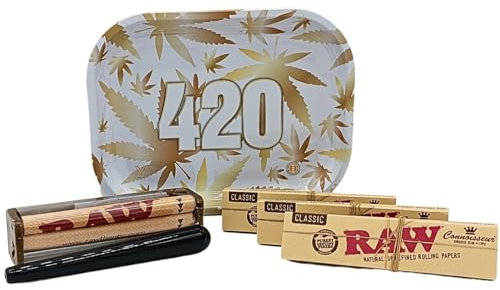 raupir Set gold RAW Drehmaschine Papers Connoisseur King Size Slim mit Tips Tube Hülle Drehtablett