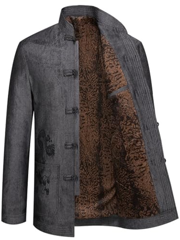 GVILTY Winter Warmer Baumwoll -Tang Anzug Chinesische Traditionelle Kleidung, Männer Kung Fu Kleidung Tops Kampfkunst Uniformjacke Schichten Langarm Baumwolle Tai Chi Kleid Grey-M