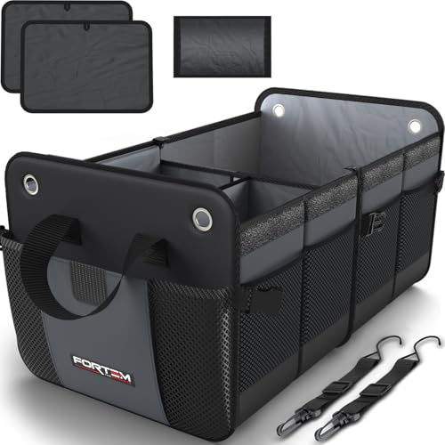 FORTEM Car Boot Organiser- Collapsible Car Organiser & Storage Bag for SUVs | Car Accessories for Men & Women, Storage Bag, Non Slip Bottom, Straps, Soft Cover, 1680D Oxford, 3 Compartments, Grey, 50L