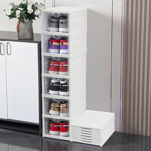 HUAPPNIO Shoe Storage Organiser，Stackable Collapsible Plastic Shoe Boxes with Clear Lid No Assembly White (6 Tier)