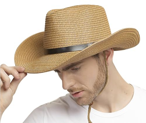 TCNGKIJIUK Homme Chapeau de Paille Chapeau de Soleil à Large Bord Chapeaux de Cowboy Western Pliable Chapeaux Bob de Plage Protection UV Panama de Seau Respirant pour Voyage Plage Camping Pêche