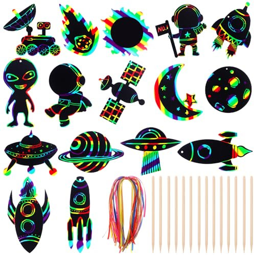 64 Set Space Theme Scratch Paper Rainbow Outer Space Scratch Cards DIY Rocket Scratch Paper Craft Art Cards Kits with Wood Stylus and Ribbon for Home School Decor Christmas Birthday Space Party Favors
