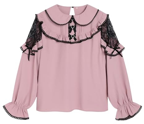 Cuteighteen Camicetta da donna con colletto Peter Pan Camicia Lolita in pizzo fantasia vittoriana a maniche lunghe trasparenti Top carini alla moda autunno 2024, Rosa, M