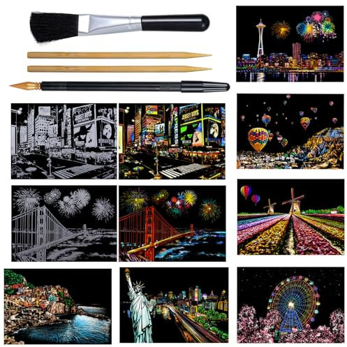 Yolev 8 Bögen Kratzbilder Scratch Art Regenbogen Erwachsene Kratzpapier Papier DIY Kratzbilder für Kinder Erwachsene mit Scratchboard Tools