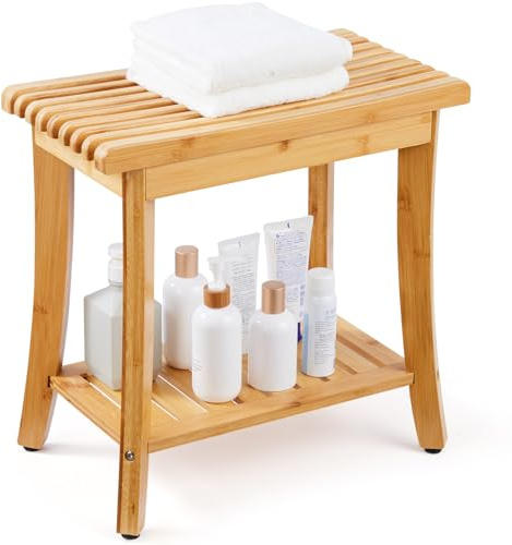 VEVOR Banco de Ducha de Bambú Natural Impermeable con Estante de Almacenamiento, Capacidad de Carga 149,7 kg, para Adultos, Mujeres Mayores, Ancianos, Interiores y Exteriores, 485 x 288 x 465 mm
