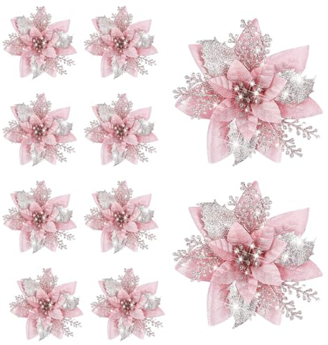 Colcolo 10 Piezas de Flores Artificiales de Pascua para decoración del hogar, Flores con Purpurina de 5,7 Pulgadas para Fiestas, Bodas, árboles de Navidad, Rosa