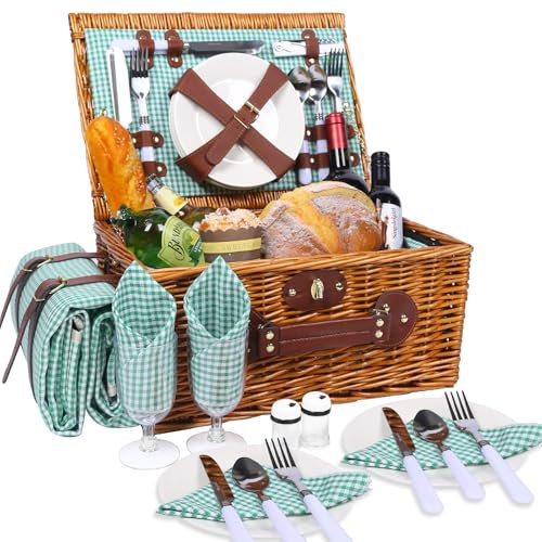 HYBDAMAI Picknickkorb Set für 4 Person mit Kühlfach und wasserdichte Picknickdecke, Abnehmbarer Riemen, Besteck Set, für Camping, Strand, Wandern, BBQ und Familie/Paare Geschenke, Zubehör