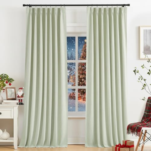 Kayne Studio Soft Green Pinch Pleated Full Blackout Curtains, Linen Blend Room Darkening Thermal Insulated Soundproof Drapes, 95 Inch Back Tab Window Curtains for Living Room Bedroom(2 Panels,40x95)