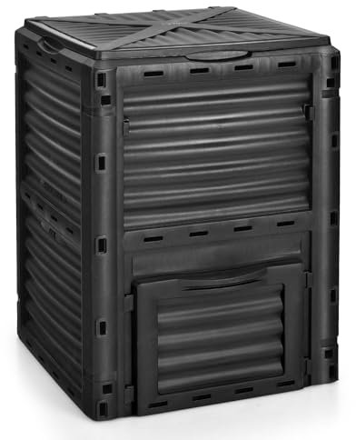 TANGZON 300L Garden Compost Bin, Large Plastic Composter Box with Flipped Lid, Bottom Exit Door & 12 Air Vents, Outdoor BPA-free Organic Waste Compost Converter for Soil Grass Rubbish (Black)