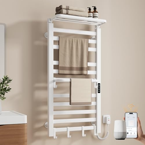 EMKE Elektrischer Badheizkörper 100x50 cm, 280W Handtuchwärmer mit WLAN-App-Steuerung, Kohlefaser Handtuchheizkörper mit klappbarer Ablage & 6 Haken, IPX5 spritzwassergeschützt, Weiß