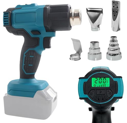 Batteridriven varmluftspistol för 18 V, 50–550 °C sladdlös varmluftsfläkt med LCD-display och 5 munstycken i rostfritt stål, justerbar temperatur och luftkontroll, varmluftspistol för krympning