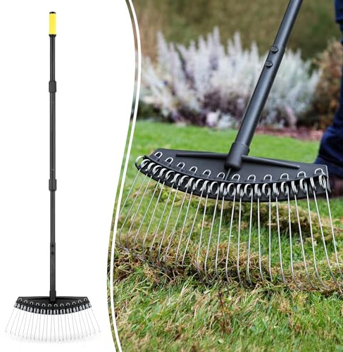 Colwelt Thatch Rake, Dethatcher Rake with Thin, Curved Spring Steel Tines, Dethatching Thatching Rake for Lawns with 61’’ Steel Handle, Lawn Tine Rakes for Pine Needles, Dead Grass, Garden Debris
