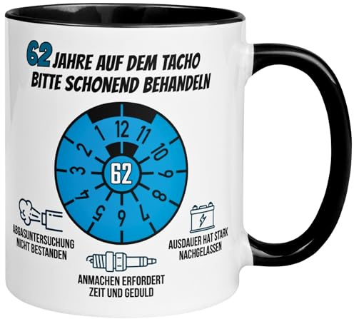 62 Geburtstag Mann Geschenk | 62 Jahre auf dem Tacho – Schonend behandeln | Geschenk Männer 62. Geburtstag | Geburtstagsgeschenk 62ter Geburtstag | Lustige Geburtstagstasse mit Spruch zum 62ten
