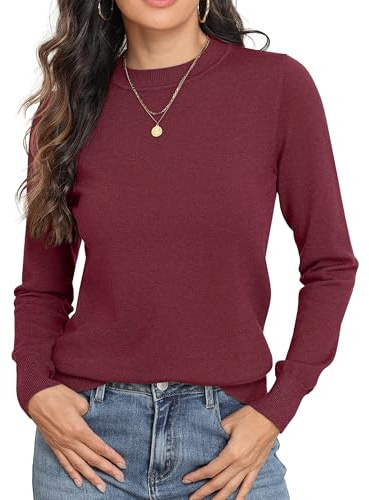 GRECERELLE Womens Jumpers Soft Knit Basic Crew Neck Long Sleeve Fall Winter Spring Sweater Tops for Ladies (Burgundy, L)