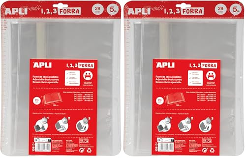 APLI 16913 - Forro de libros con solapa ajustable de polipropileno. Medida 29 x 53 cm, 75 µ. Pack de 5 u. (Paquete de 2)