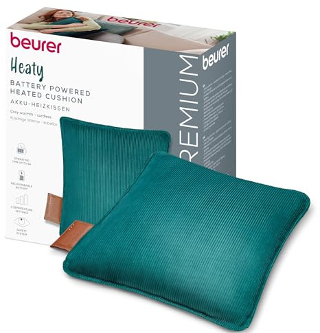 Beurer Heaty Termoforo, termoforo senza fili con batteria, con spegnimento automatico e 3 livelli di temperatura, con riscaldamento rapido, morbido velluto a coste, verde scuro