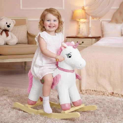 FUNLIO Cavallo a dondolo unicorno per neonati, Cavallo a dondolo unicorno fatata arcobaleno per bambini 1-3 anni, Animale a dondolo imbottito, Facile da assemblare, Certificato CPC – Piccolo